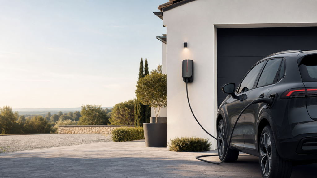 Véhicule électrique branché à une borne de recharge résidentielle